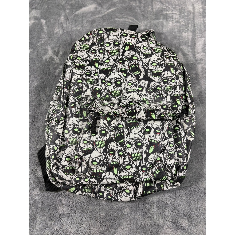 Unisex Zombie Skull Print Backpack One Size Black White Green Horror Goth Canvas